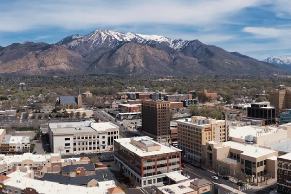 Aerial view of Ogden, Utah with Wasatch Mountains in the background